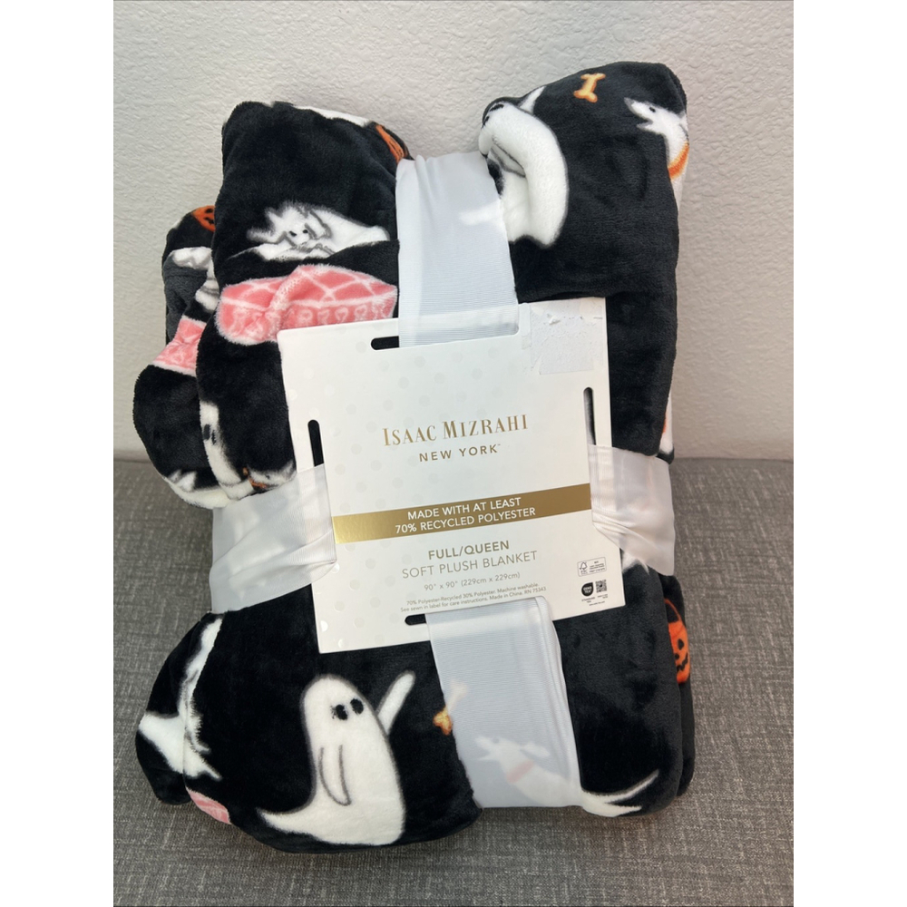 Isaac Mizrahi Halloween Blanket Ghost Dogs Black Soft Plush New NWT Full/Queen - Picture 2 of 4